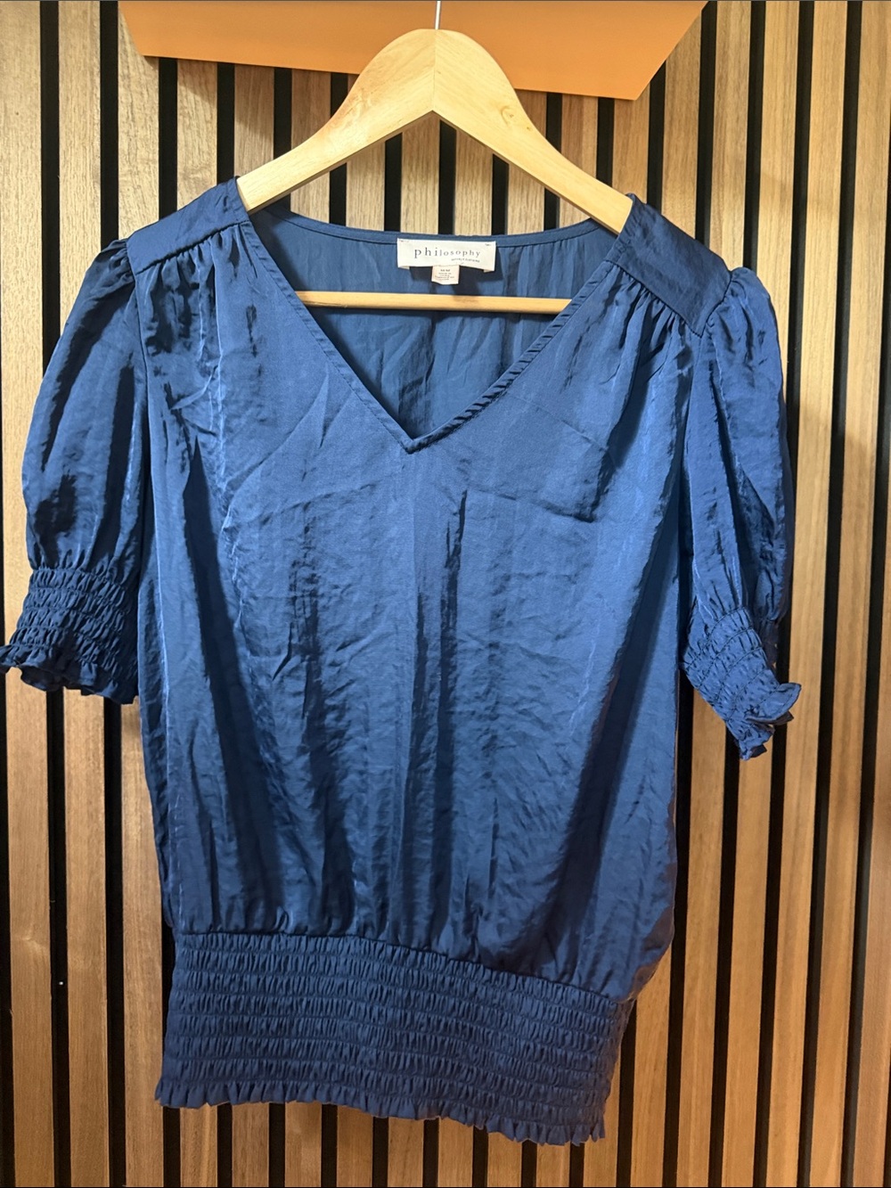 Philosophy Navy V-Neck Puff Sleeve Blouse